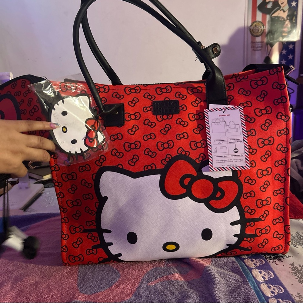 Hello Kitty Red polka dot Travel Tote Bag with matching crossbody & luggage tag. - Picture 3 of 13